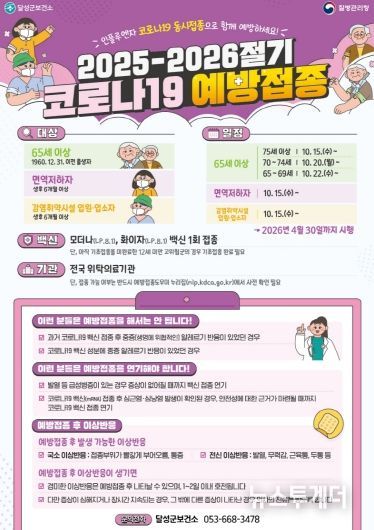 달성군, 10월 15일부터 ‘2025-2026절기 코로나19 예방접종’ 시작